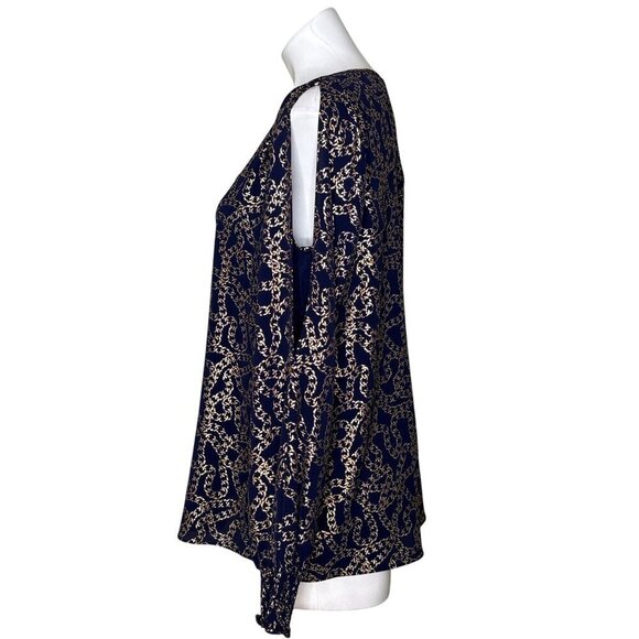 MICHAEL Michael Kors Chain Pattern Blouse, Navy Gold Slit Sleeves Women's Size L - Picture 6 of 10
